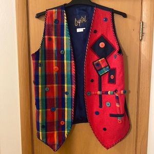 Crystal Handwovens Vintage Plaid Patchwork Button Open Front Vest Wool Medium